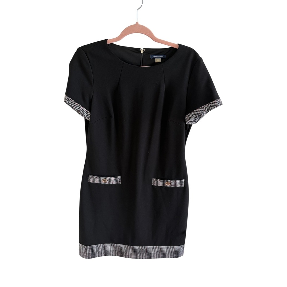 Tommy Hilfiger Black Shift Dress Plaid Trim Size 8 Classic Preppy Chic - Picture 5 of 9